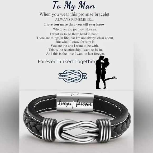 🔸️NIB Black "To My Man" Braided Leather Infinity Knot Cuff Bracelet 7.8" - Picture 1 of 11